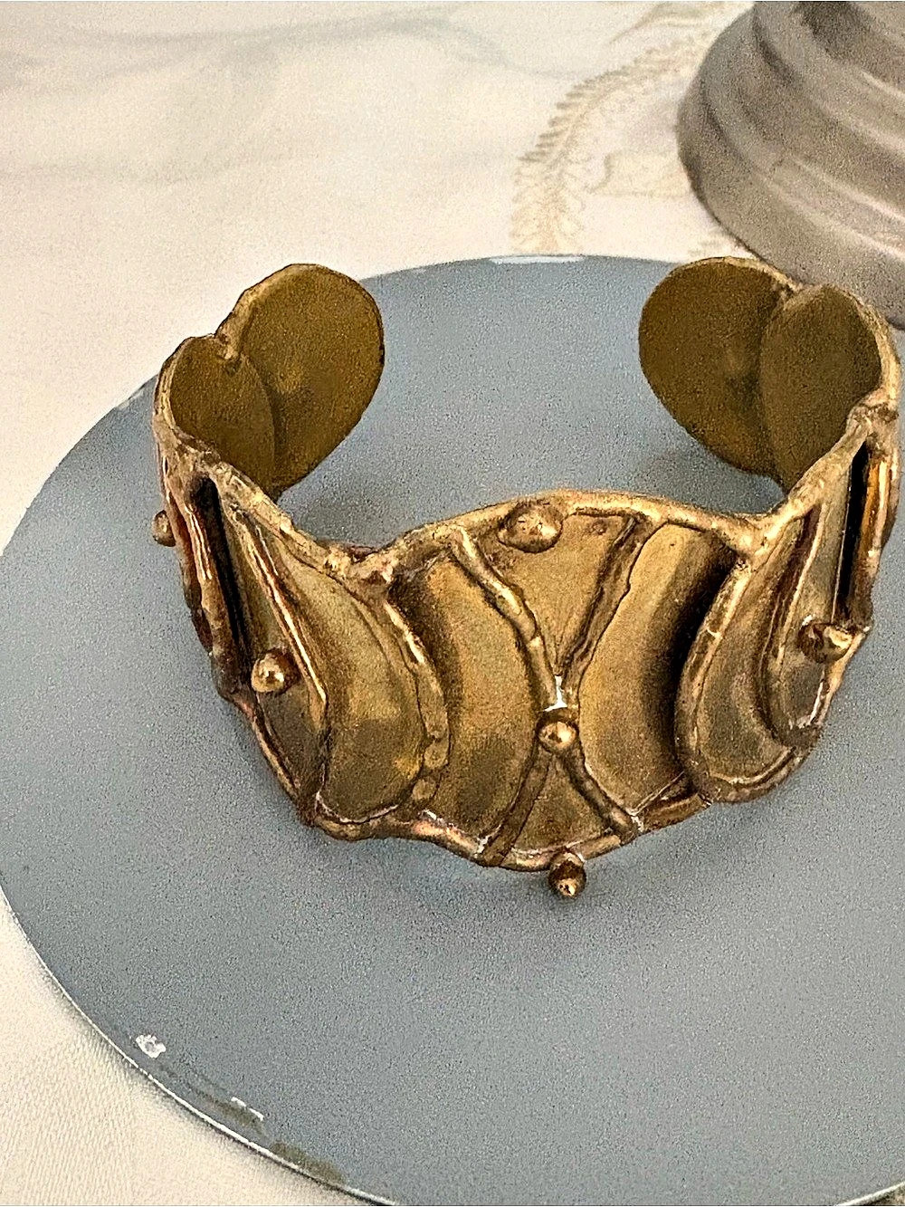 Luciano Signed Brass Handmade Worked Ornate Cuff Bracelet Made Mexico